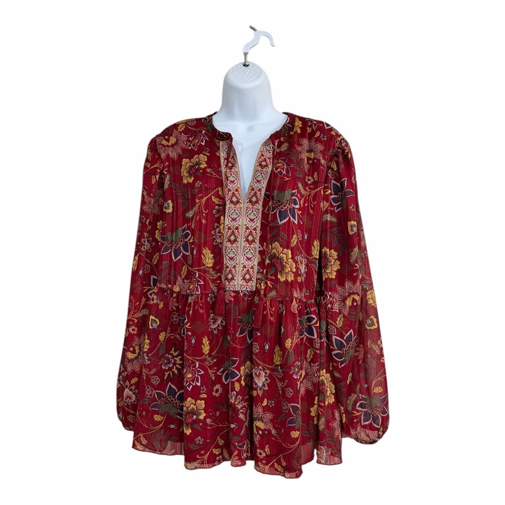 Cato Dark Red Blouse Size 18/20W Floral Tassel-tie Neck Bohemian Flowy Burgundy